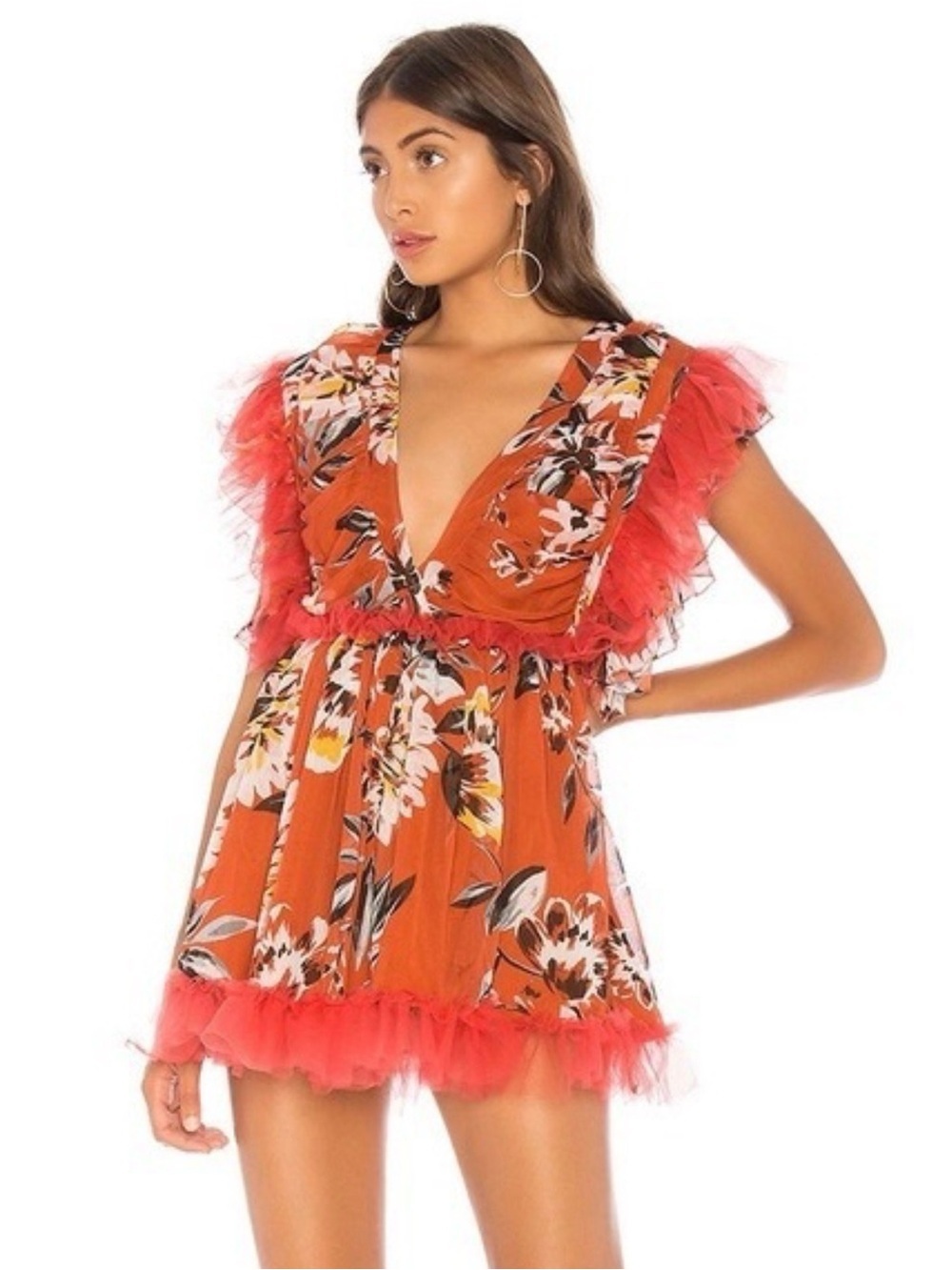 Tularosa Floral Ruffle Tulle Open Back Romper Dress Medium